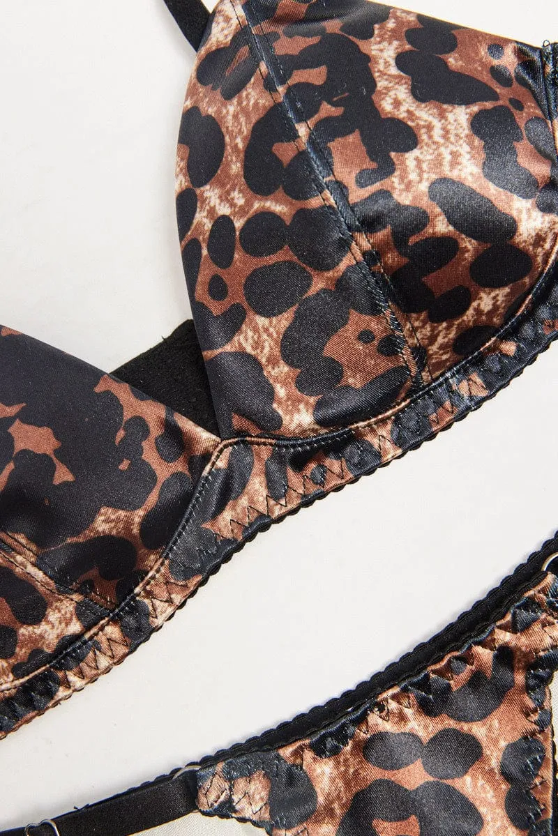 Brown Animal Print Satin Lingerie Set