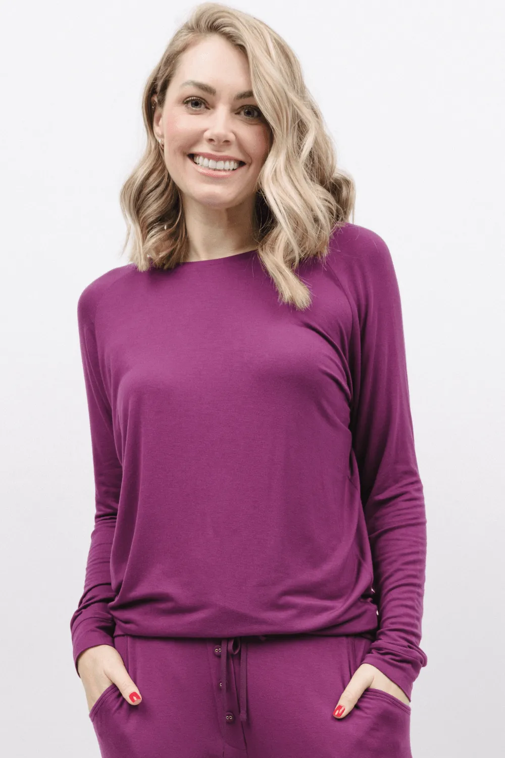 Carina Long Sleeve Slouch Jersey Top Magenta, Size UK 8