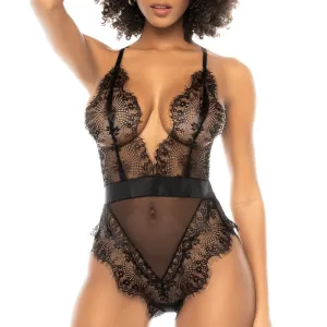 Mapale Plunging Eyelash Lace Strappy Back Open-Rear Teddy