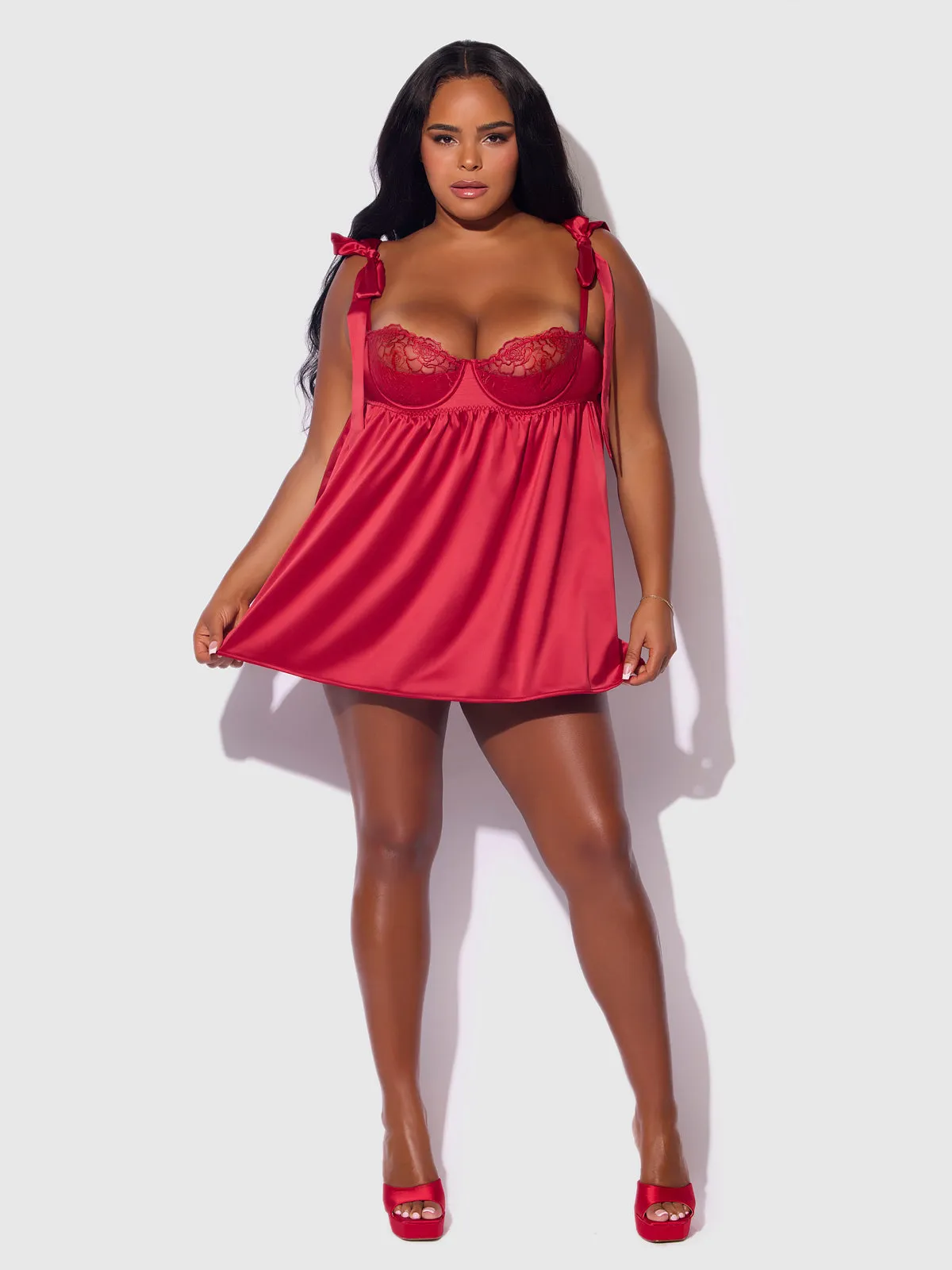 Melrose Satin & Embroidered Lace Underwire Babydoll Set