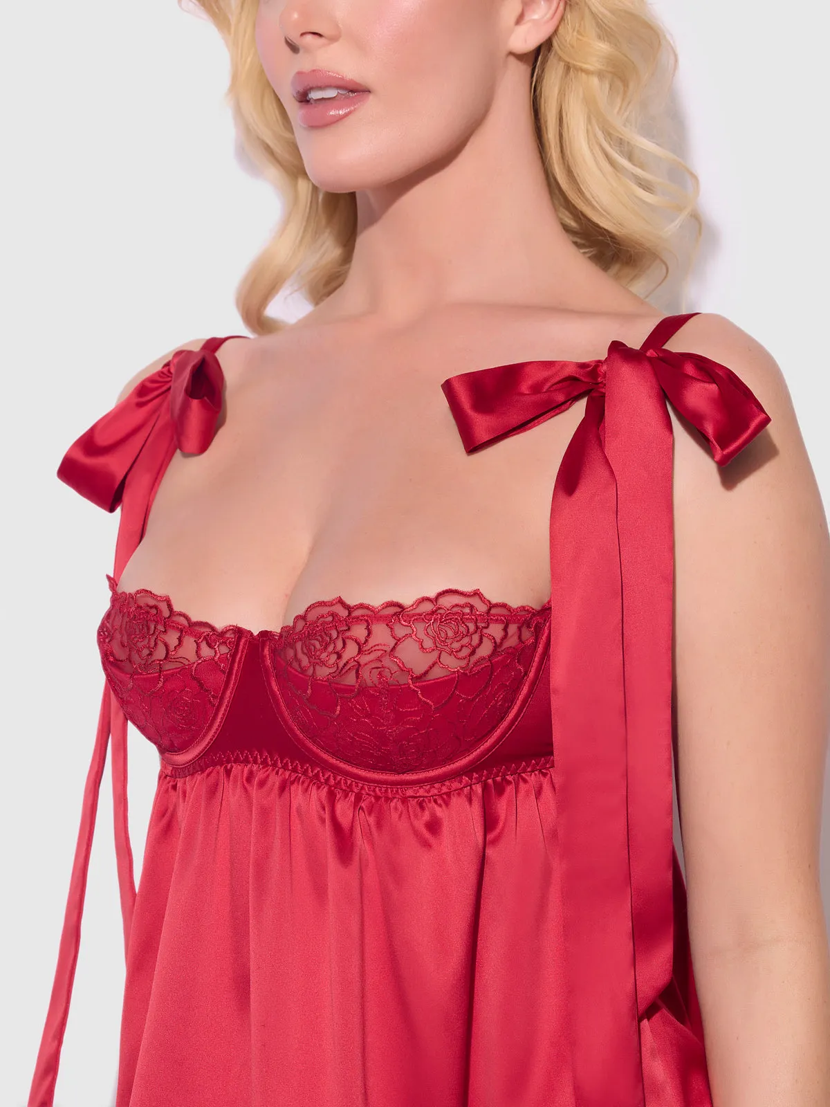 Melrose Satin & Embroidered Lace Underwire Babydoll Set