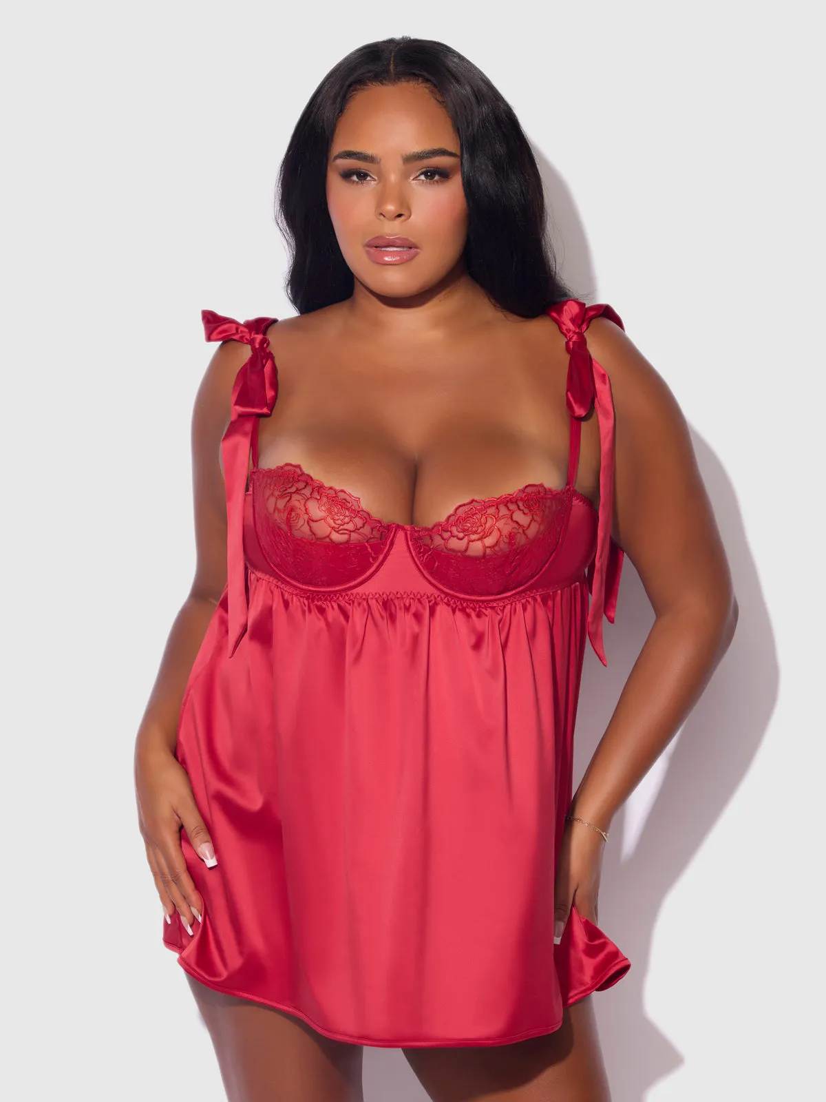 Melrose Satin & Embroidered Lace Underwire Babydoll Set