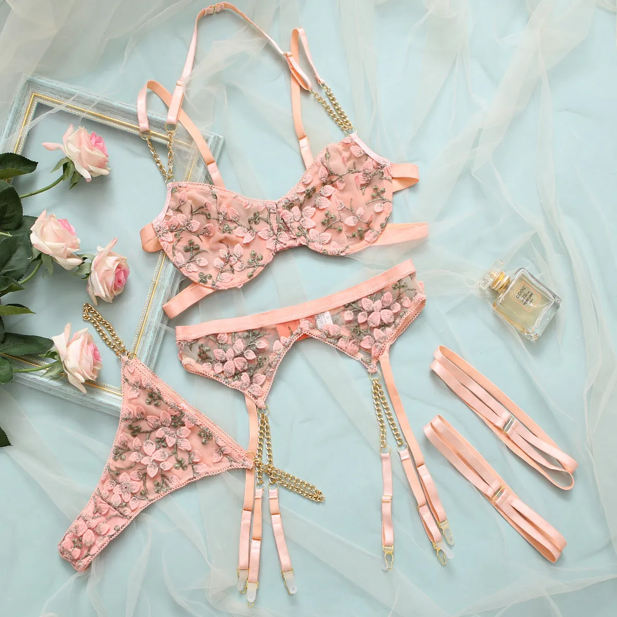 #PB Delicate Lingerie Floral 4-Piece Set