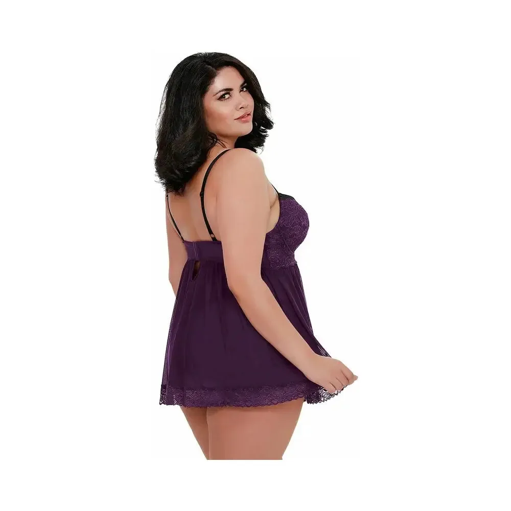 Plus Size Lingerie Babydoll Stretch Mesh and Lace Babydoll Plum Queen 2X