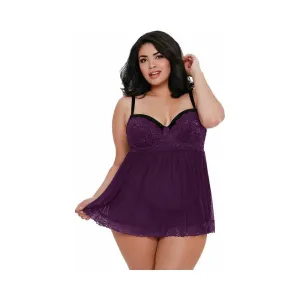 Plus Size Lingerie Babydoll Stretch Mesh and Lace Babydoll Plum Queen 2X