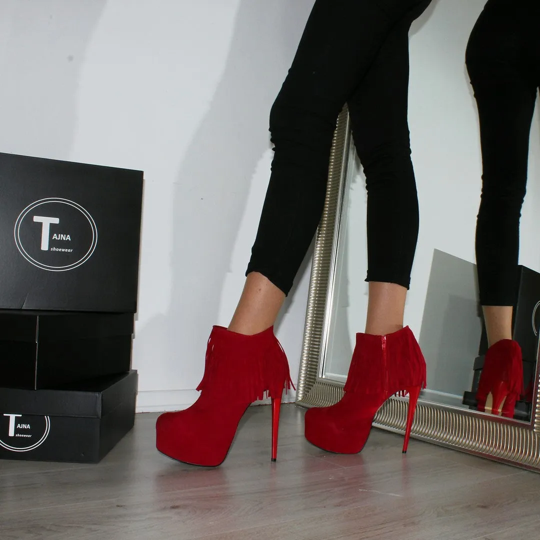 Red Fringe Suede High Heel Platform Booties