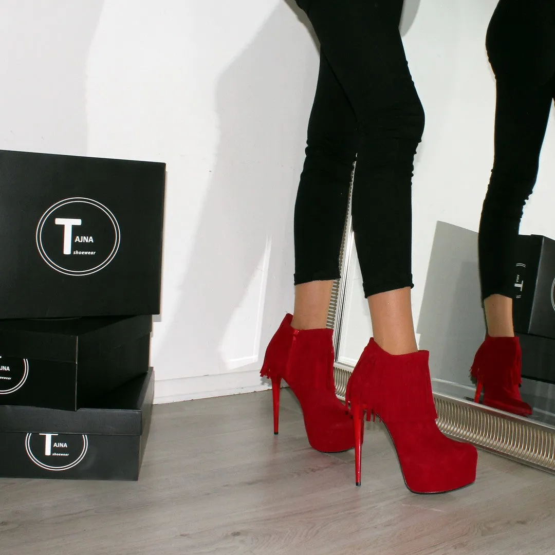 Red Fringe Suede High Heel Platform Booties