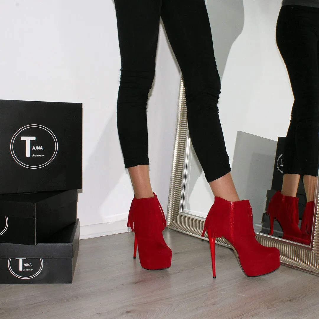 Red Fringe Suede High Heel Platform Booties