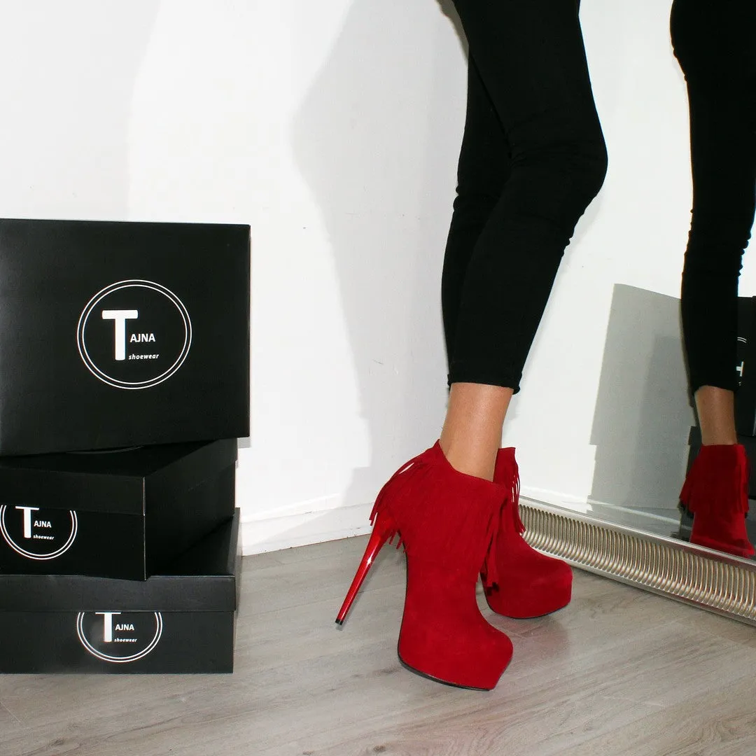 Red Fringe Suede High Heel Platform Booties