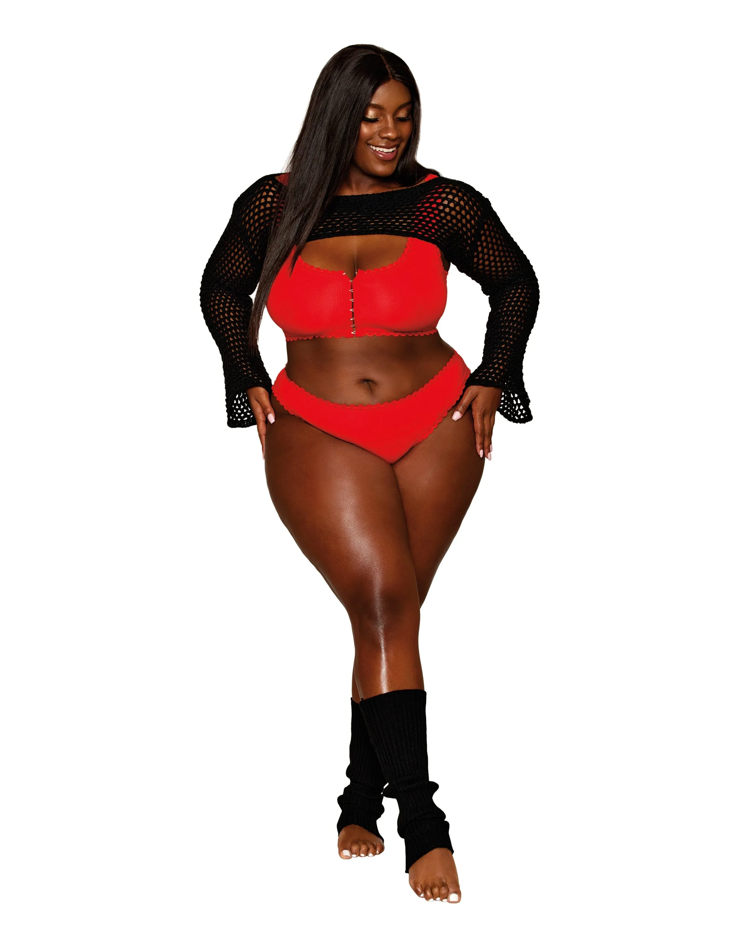 Rib-Knit Sleepwear Bralette and Panty Set with Ruffled Lace Elastic Trim