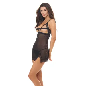 Twist Every Way Chained Slip Set and G-String Black - S/m